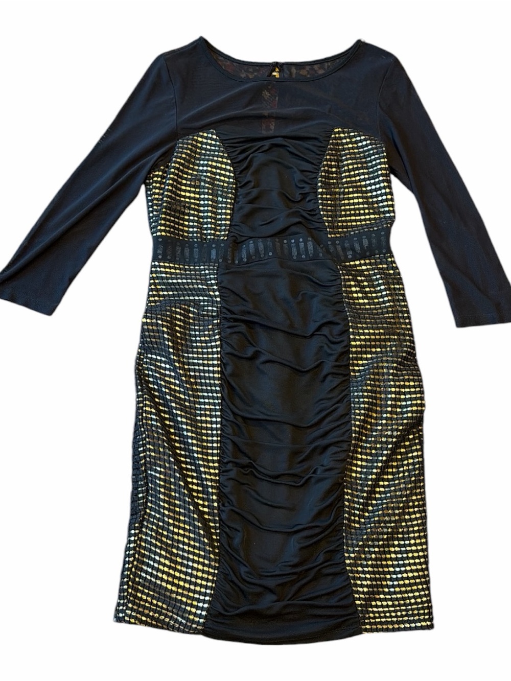 Thalia Sodi Black and Gold Ruched Long Sleeve Sheath Dress
